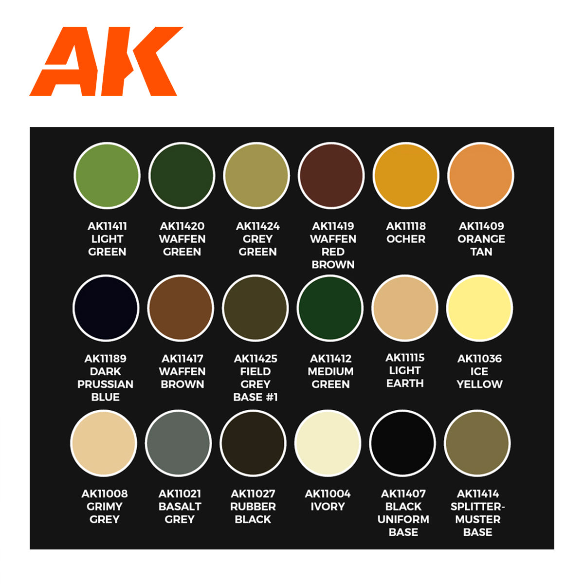 Zestaw Farb Signature Set Calvin Tan AK11759 karta 18 kolorów 3G - Light Green, Waffen Green, Grey Green, Waffen Red Brown, Ochre, Orange Tan i inne - AK Interactive
