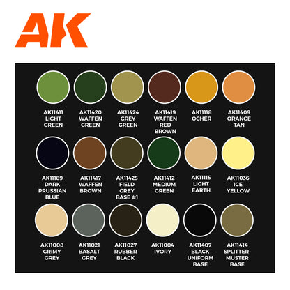 Zestaw Farb Signature Set Calvin Tan AK11759 karta 18 kolorów 3G - Light Green, Waffen Green, Grey Green, Waffen Red Brown, Ochre, Orange Tan i inne - AK Interactive
