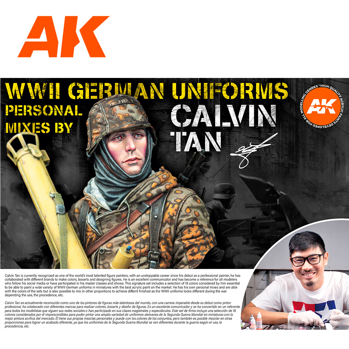 Zestaw Farb Signature Set Calvin Tan Personal Mixes Set AK11759 - WWII German Uniforms Personal Mixes by Calvin Tan - plakat promocyjny z pomalowaną figurką - AK Interactive
