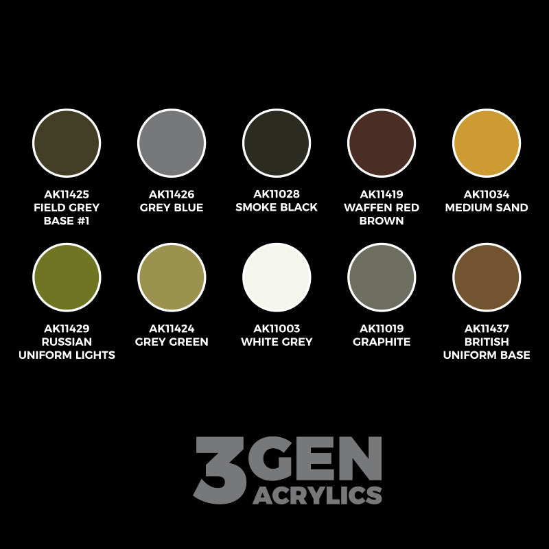 Panzergrenadier Division Europe AK11781 paleta 10 kolorów 3G - Field Grey Base, Grey Blue, Smoke Black, Waffen Red Brown, Medium Sand i inne - AK Interactive
