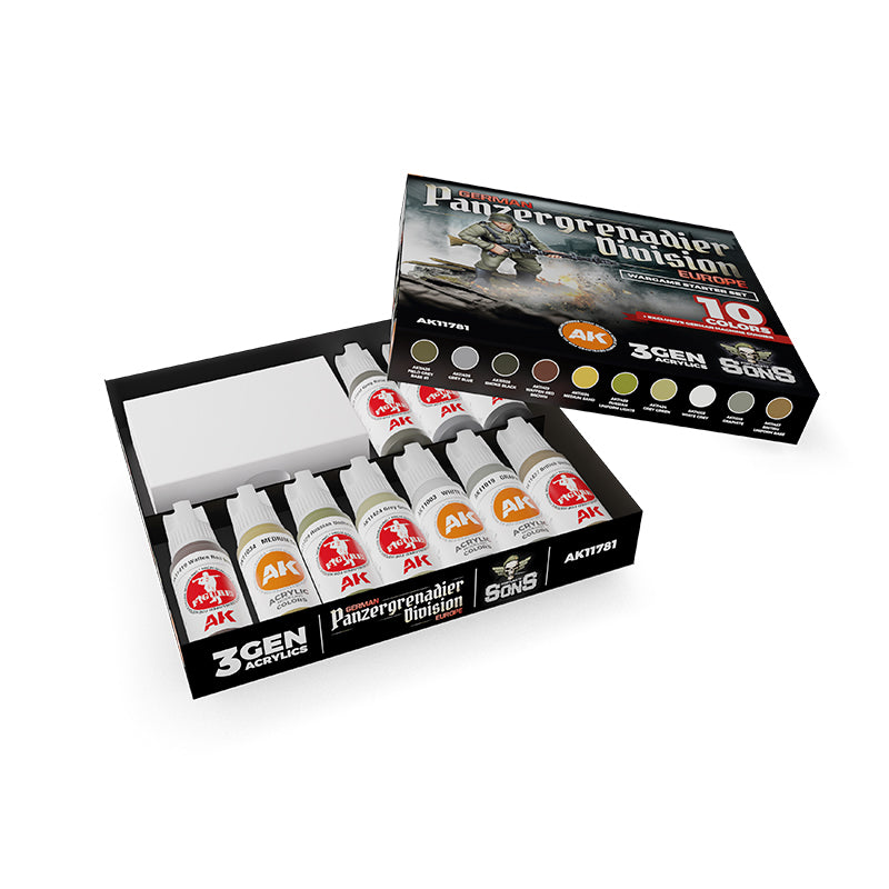 Panzergrenadier Division Europe AK11781 Wargame Starter Set Fortunate Sons - otwarte pudełko z 10 farbami 3G Acrylics i ekskluzywną figurką - AK Interactive
