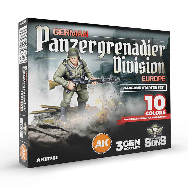 Panzergrenadier Division Europe AK11781 Wargame Starter Set Fortunate Sons - 10 farb 3G Acrylics + ekskluzywna figurka German Machine Gunner - AK Interactive
