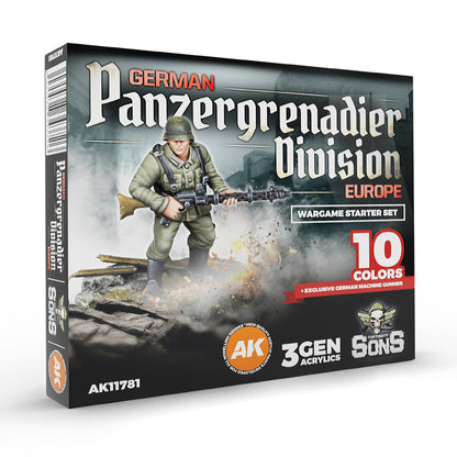 Panzergrenadier Division Europe AK11781 Wargame Starter Set Fortunate Sons - 10 farb 3G Acrylics + ekskluzywna figurka German Machine Gunner - AK Interactive
