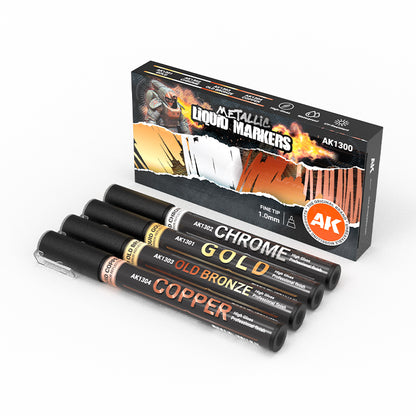 Zestaw AK1300 AK Interactive Metallic Liquid Markers Set - 4 metaliczne markery Gold Chrome Old Bronze Copper do modeli i figurek - AK Interactive
