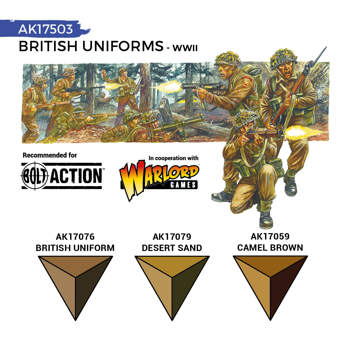 British WWII Uniforms AK17503 zawartość zestawu - AK17076 British Uniform, AK17079 Desert Sand, AK17059 Camel Brown - AK Interactive
