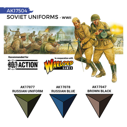 Soviet WWII Uniforms AK17504 zawartość zestawu - AK17077 Russian Uniform, AK17078 Russian Blue, AK17047 Brown Black - AK Interactive
