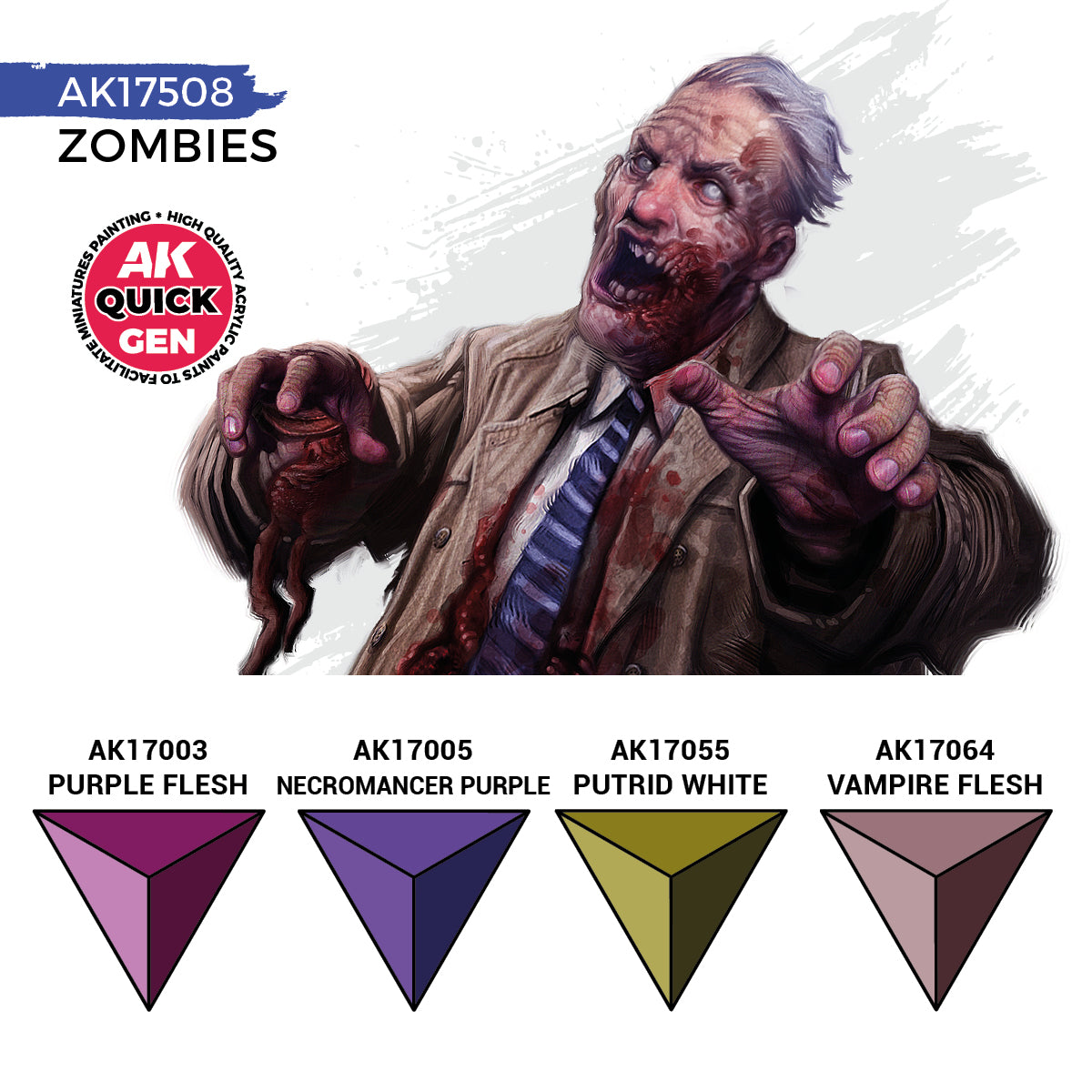 Zombies AK17508 zawartość zestawu - AK17003 Purple Flesh, AK17005 Necromancer Purple, AK17055 Putrid White, AK17064 Vampire Flesh - AK Interactive
