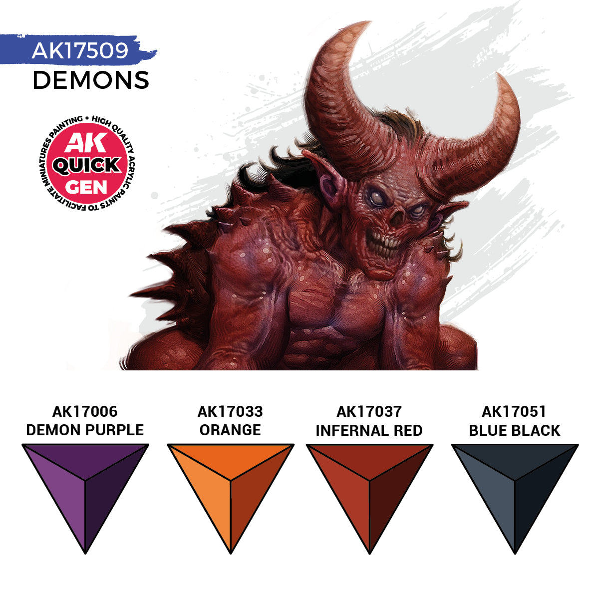 Demons AK17509 zawartość zestawu - AK17006 Demon Purple, AK17033 Orange, AK17037 Infernal Red, AK17051 Blue Black - AK Interactive
