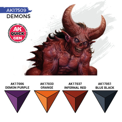 Demons AK17509 zawartość zestawu - AK17006 Demon Purple, AK17033 Orange, AK17037 Infernal Red, AK17051 Blue Black - AK Interactive
