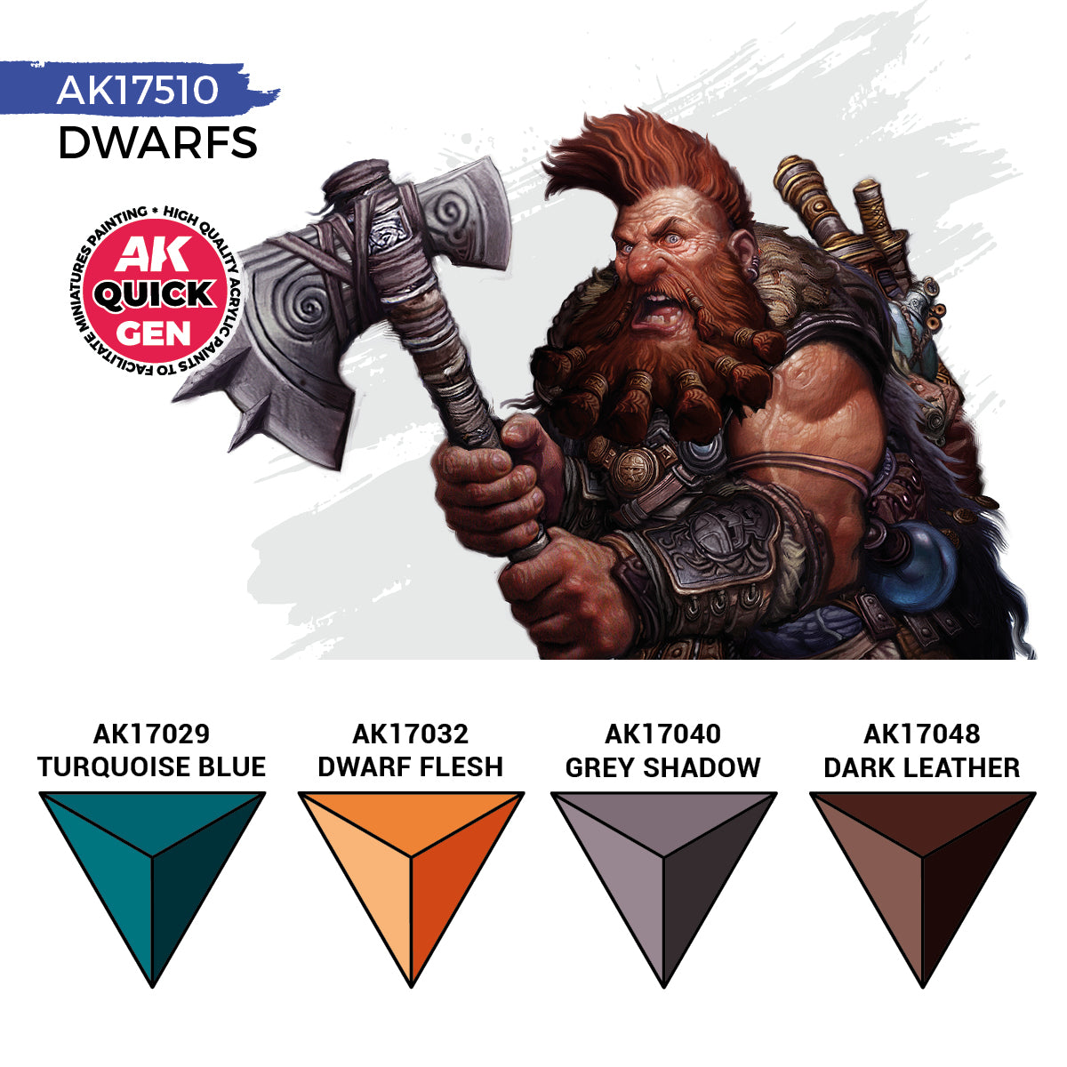 Dwarfs AK17510 zawartość zestawu - AK17029 Turquoise Blue, AK17032 Dwarf Flesh, AK17040 Grey Shadow, AK17048 Dark Leather - AK Interactive
