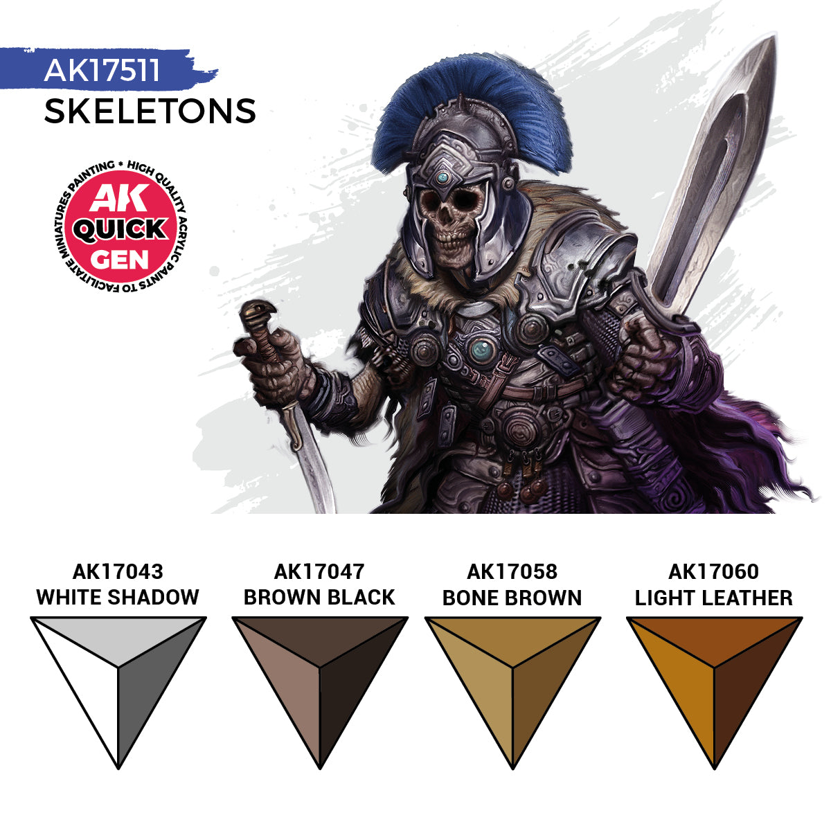 Skeletons AK17511 zawartość zestawu - AK17043 White Shadow, AK17047 Brown Black, AK17058 Bone Brown, AK17060 Light Leather - AK Interactive
