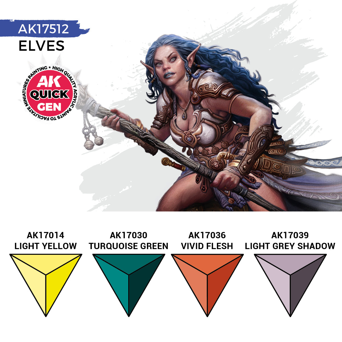 Elves AK17512 zawartość zestawu - AK17014 Light Yellow, AK17030 Turquoise Green, AK17036 Vivid Flesh, AK17039 Light Grey Shadow - AK Interactive
