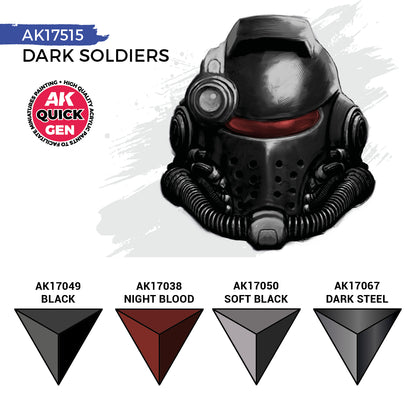 Dark Soldiers AK17515 zawartość zestawu - AK17049 Black, AK17038 Night Blood, AK17050 Soft Black, AK17067 Dark Steel - AK Interactive
