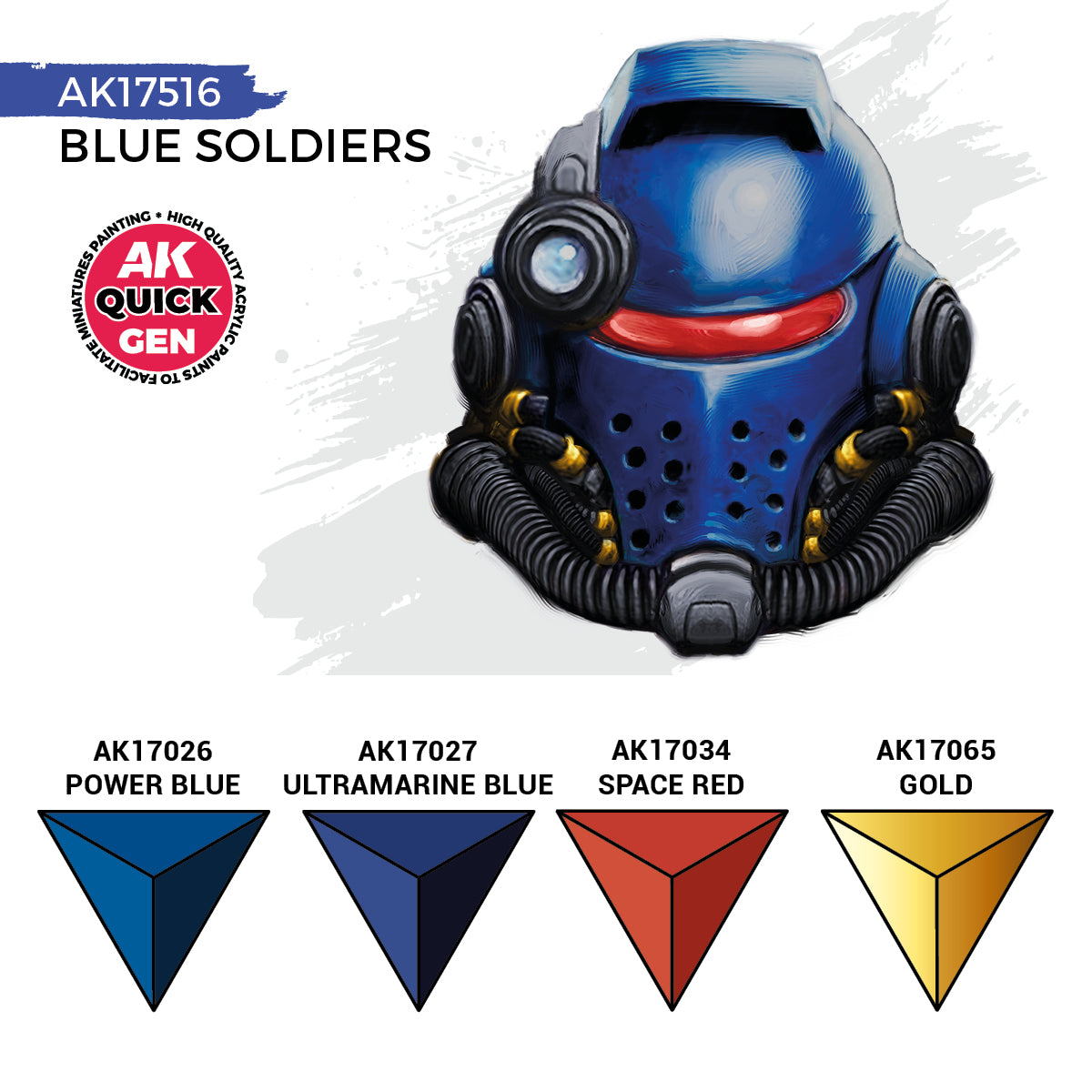 Blue Soldiers AK17516 zawartość zestawu - AK17026 Power Blue, AK17027 Ultramarine Blue, AK17034 Space Red, AK17065 Gold - AK Interactive
