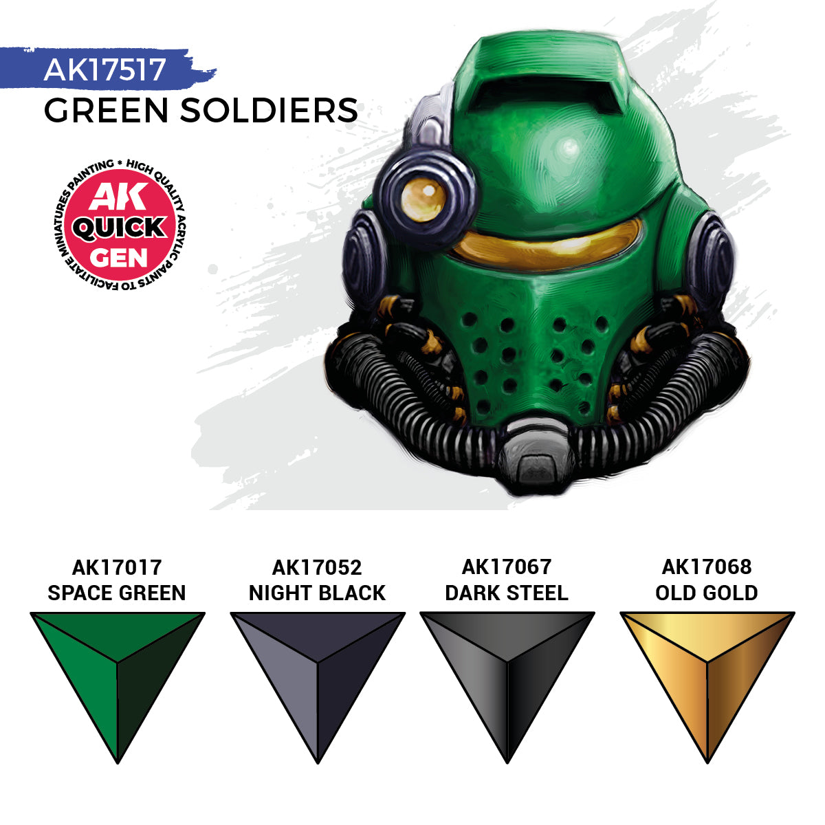 Green Soldiers AK17517 zawartość zestawu - AK17017 Space Green, AK17052 Night Black, AK17067 Dark Steel, AK17068 Old Gold - AK Interactive
