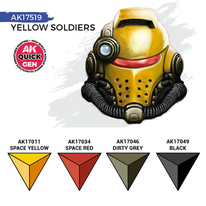 Yellow Soldiers AK17519 zawartość zestawu - AK17011 Space Yellow, AK17034 Space Red, AK17046 Dirty Grey, AK17049 Black - AK Interactive
