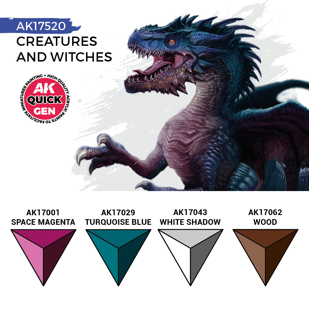 Creatures and Witches AK17520 zawartość zestawu - AK17001 Space Magenta, AK17029 Turquoise Blue, AK17043 White Shadow, AK17062 Wood - AK Interactive
