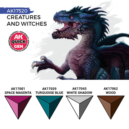 Creatures and Witches AK17520 zawartość zestawu - AK17001 Space Magenta, AK17029 Turquoise Blue, AK17043 White Shadow, AK17062 Wood - AK Interactive

