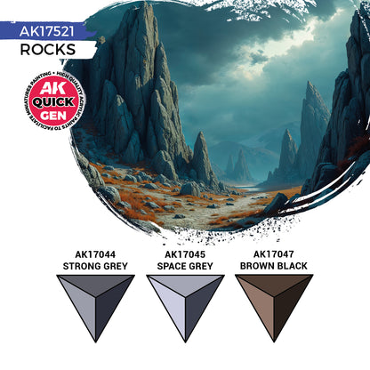 Rocks AK17521 zawartość zestawu - AK17044 Strong Grey, AK17045 Space Grey, AK17047 Brown Black - AK Interactive
