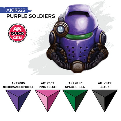 Purple Soldiers AK17523 zawartość zestawu - AK17005 Necromancer Purple, AK17002 Pink Flesh, AK17017 Space Green, AK17049 Black - AK Interactive
