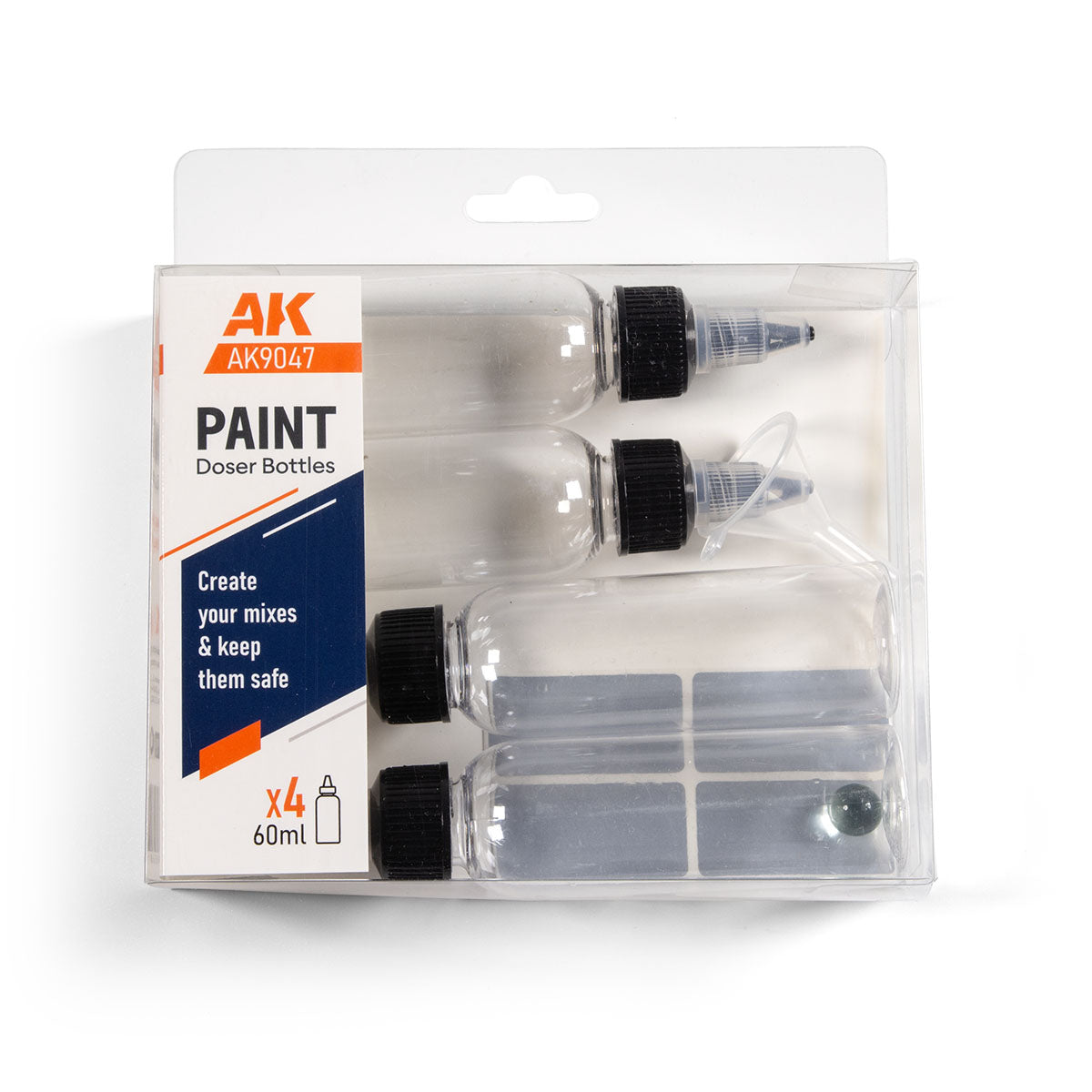 AK9047 Paint Doser Bottles 60ml AK Interactive - zestaw 4 przezroczystych butelek z dozownikiem do farb
