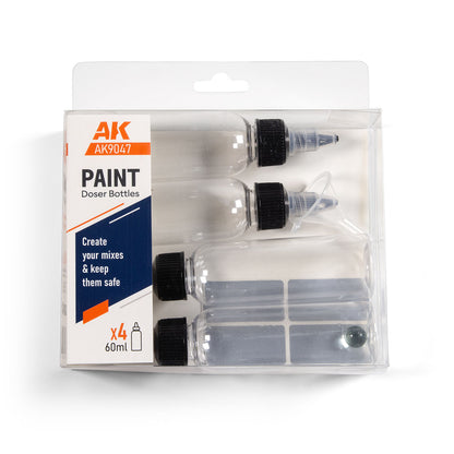 AK9047 Paint Doser Bottles 60ml AK Interactive - zestaw 4 przezroczystych butelek z dozownikiem do farb