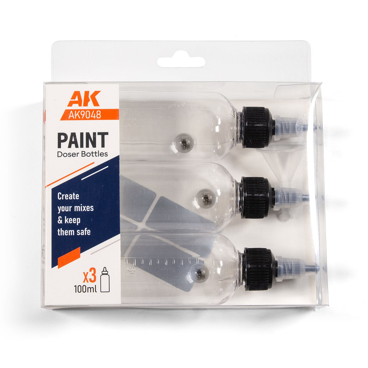 AK9048 Paint Doser Bottles 100ml AK Interactive - zestaw 3 przezroczystych butelek z dozownikiem do farb