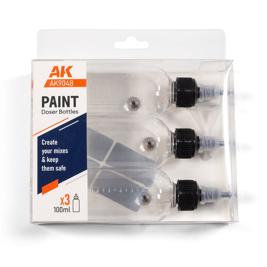 AK9048 Paint Doser Bottles 100ml AK Interactive - zestaw 3 przezroczystych butelek z dozownikiem do farb