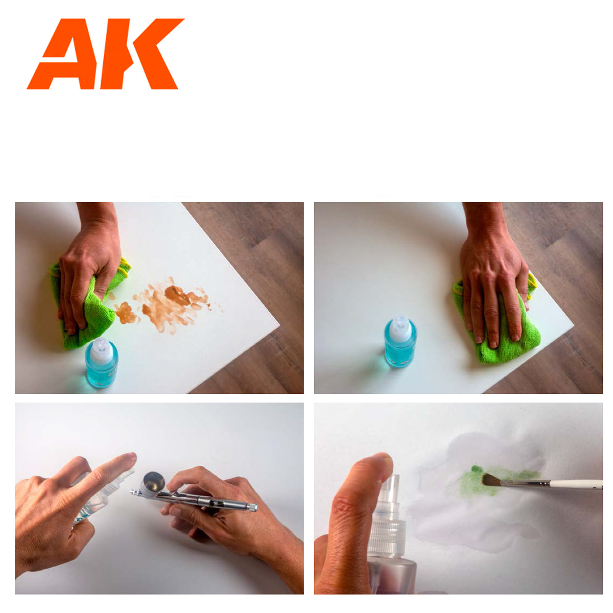 Atomizer Cleaner AK9315 zastosowanie - czyszczenie powierzchni aerografu i pędzli sprajem - AK Interactive
