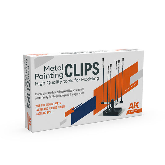 AK Interactive AK9520 Metal Painting Clips – pudełko zestawu Metal Painting Clips High Quality Tools for Modeling z opisem: obrotowy i składany design, magnetyczna podstawa, AK Interactive
