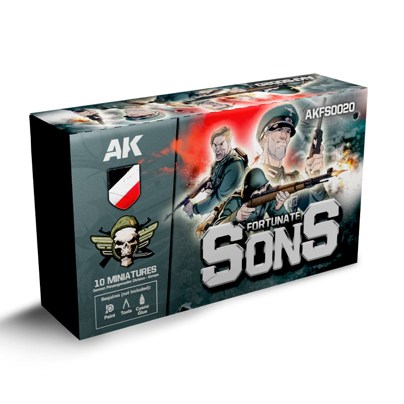 Fortunate Sons Panzergrenadier Division - pudełko zestawu AK Interactive AKFS0020 z grafiką dwóch żołnierzy niemieckich i logo AK na czarnym tle