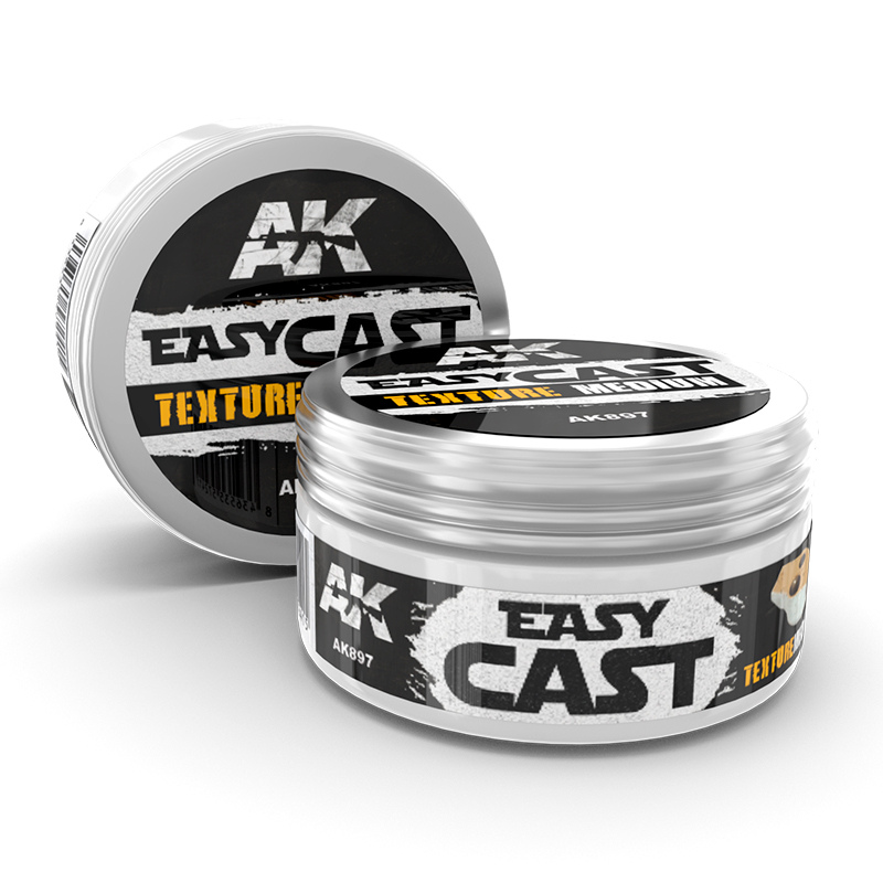 AK Interactive Easy Cast Texture AK897 – dwa słoiczki 130g akrylowej pasty do efektu odlewu, widok z góry i z boku, seria Easy Cast
