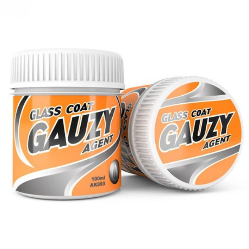 AK Interactive Gauzy Agent Glass Coat AK893 – dwa słoiczki 100ml płynu do efektu szkła na przezroczystych częściach modeli, widok z przodu i z góry
