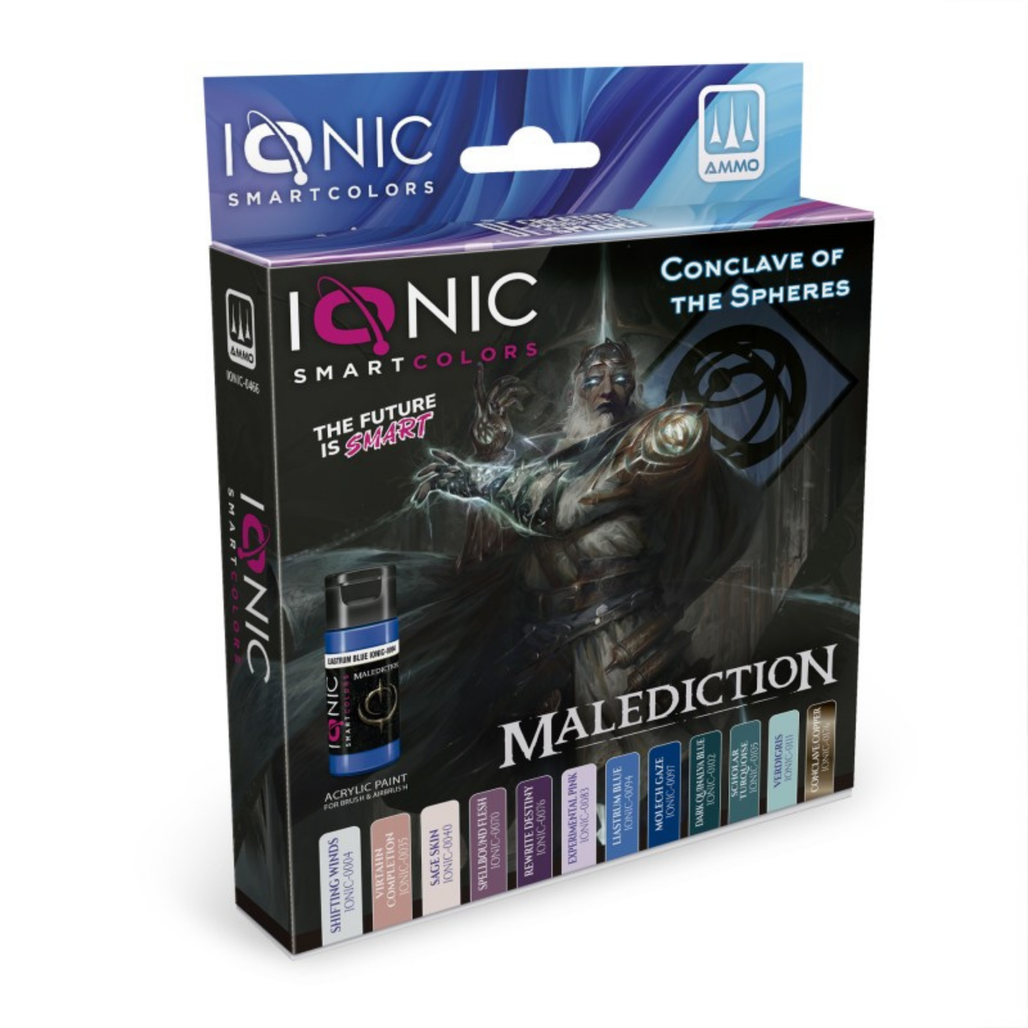 AMMO IONIC Malediction Conclave of the Spheres Set – pudełko z 12 farbami akrylowymi IONIC Smart Colors z grafiką mrocznego maga z świecącą kulą energii i symbolem Conclave, logo AMMO i Malediction, pasek kolorów na dole