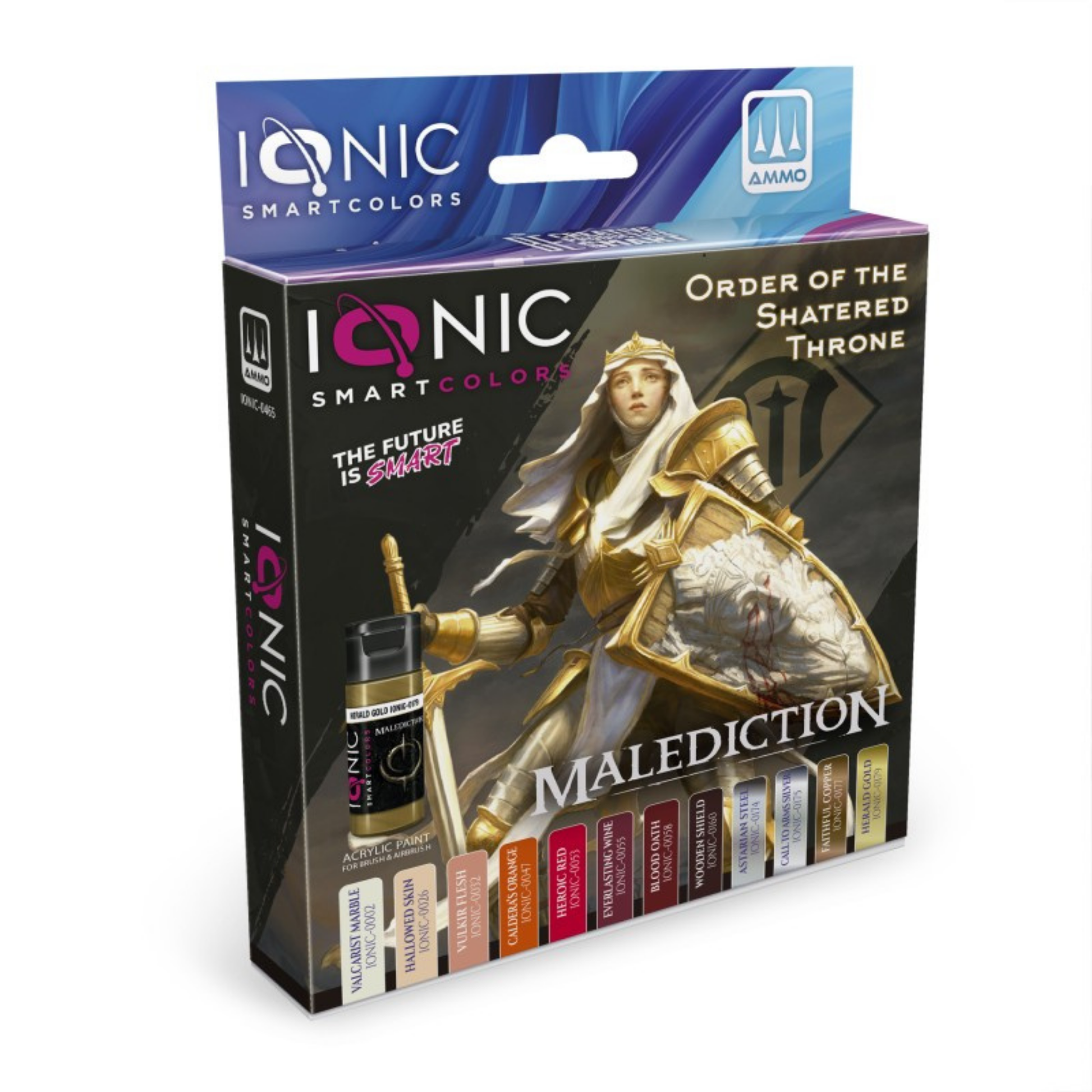 AMMO IONIC Malediction Order of the Shattered Throne Set – pudełko z 12 farbami akrylowymi IONIC Smart Colors z grafiką złotej rycerki w białej pelerynie z tarczą, logo AMMO i Malediction, pasek kolorów na dole