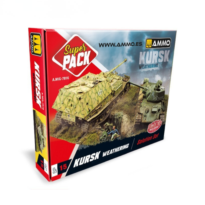 AMMO Super Pack Kursk Weathering A.MIG-7816 – pudełko zestawu z ilustracją Ferdynanda i T-34 na polu bitwy pod Kurskiem, AMMO by Mig Jimenez
