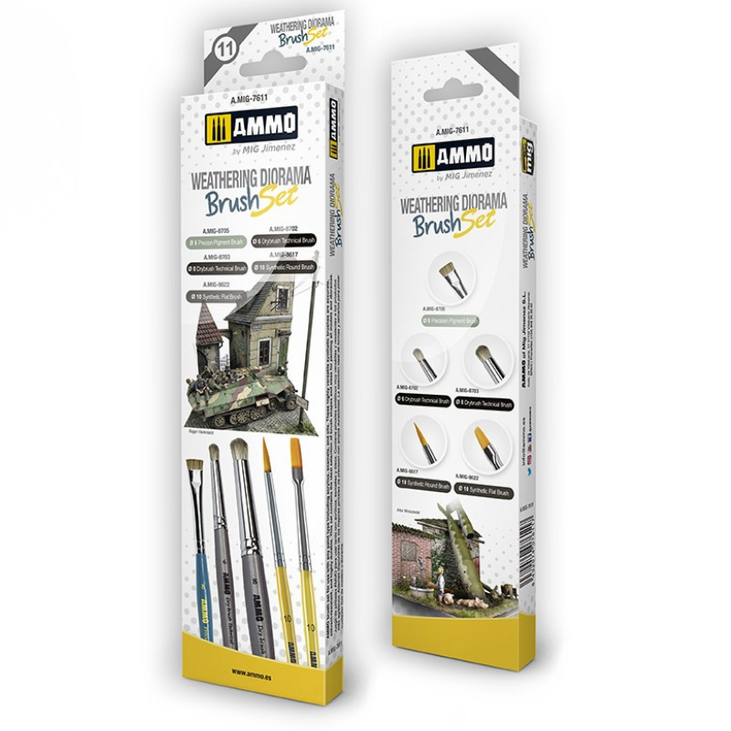 AMMO Weathering Diorama Brush Set A.MIG-7611 – pudełko zestawu z przodu i tyłu: 5 pędzli syntetycznych i Drybrush do weatheringu dioram, AMMO by Mig Jimenez
