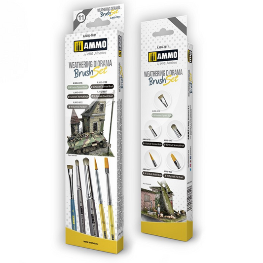 AMMO Weathering Diorama Brush Set A.MIG-7611 – pudełko zestawu z przodu i tyłu: 5 pędzli syntetycznych i Drybrush do weatheringu dioram, AMMO by Mig Jimenez
