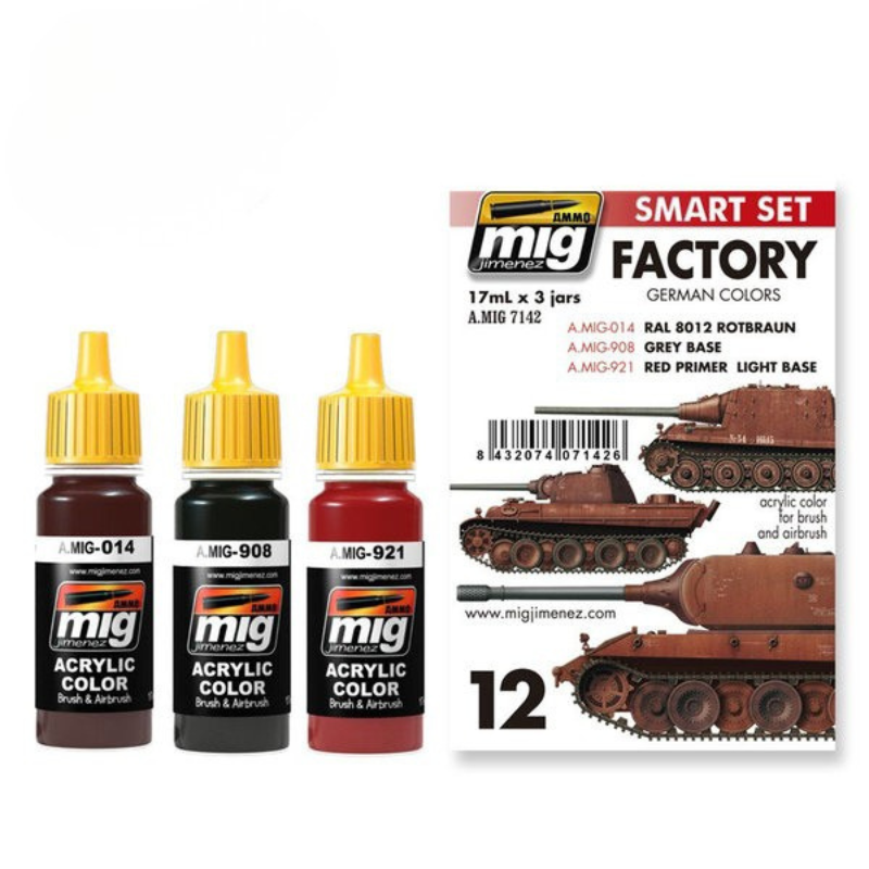 AMMO by Mig Jimenez A.MIG-7142 Smart Set Factory German Colors – 3 butelki akrylowe 17ml: A.MIG-014 RAL 8012 Rotbraun, A.MIG-908 Grey Base, A.MIG-921 Red Primer Light Base, z kartą zestawu z Pantherą w fabrycznym podkładzie, AMMO
