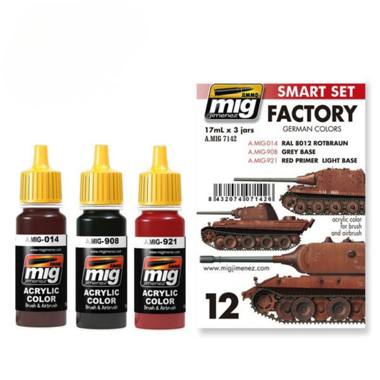 AMMO by Mig Jimenez A.MIG-7142 Smart Set Factory German Colors – 3 butelki akrylowe 17ml: A.MIG-014 RAL 8012 Rotbraun, A.MIG-908 Grey Base, A.MIG-921 Red Primer Light Base, z kartą zestawu z Pantherą w fabrycznym podkładzie, AMMO

