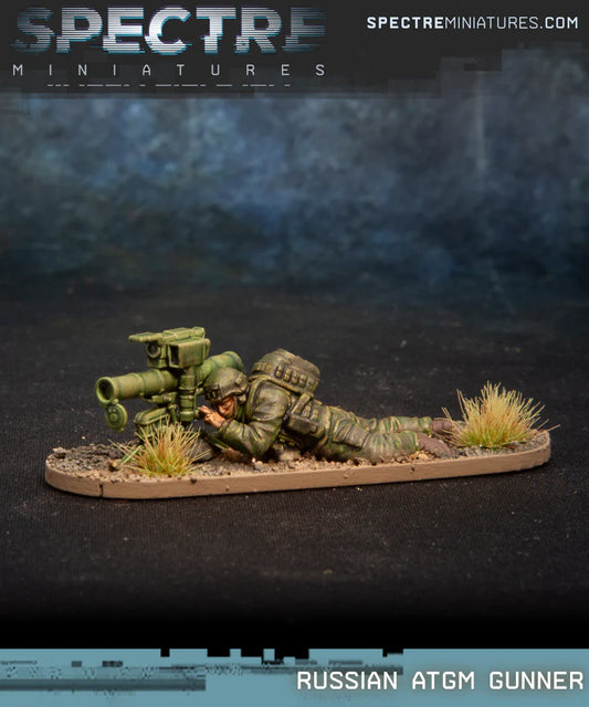 Russian ATGM Gunner Spectre Miniatures – żołnierz z zestawem Konkurs-M w pozycji leżącej, 28mm widok z boku
