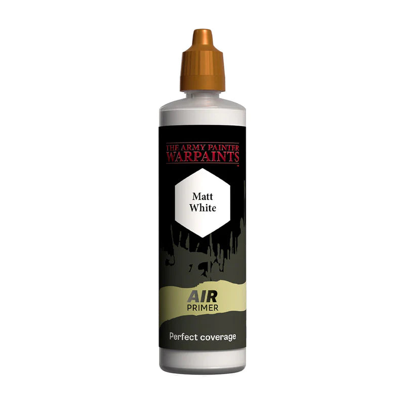Warpaints Air Matt White Primer AW2012P 100ml - butelka białego podkładu do aerografu The Army Painter, widok z przodu
