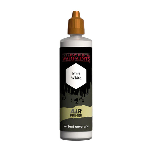 Warpaints Air Matt White Primer AW2012P 100ml - butelka białego podkładu do aerografu The Army Painter, widok z przodu
