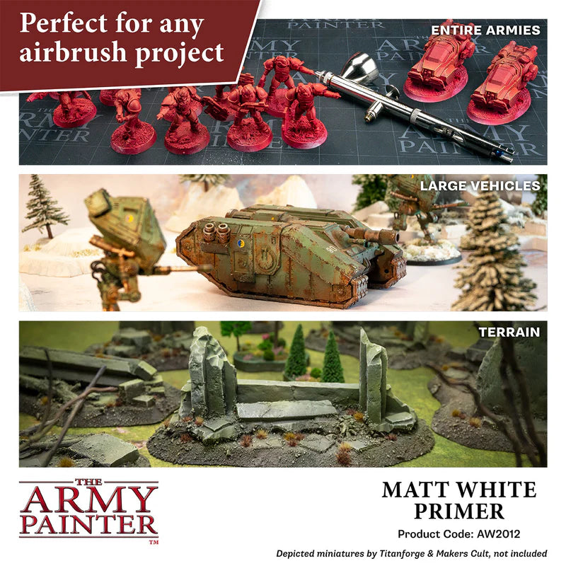 Warpaints Air Matt White Primer The Army Painter - zastosowanie do całych armii, dużych pojazdów i terenów
