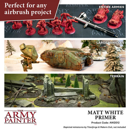 Warpaints Air Matt White Primer The Army Painter - zastosowanie do całych armii, dużych pojazdów i terenów
