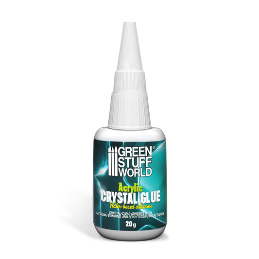 Green Stuff World Acrylic Crystal Glue 20g – butelka 20g z zielono-turkusową etykietą, klej akrylowy na bazie wody, crystal-clear, aplikator precyzyjny, widok z przodu