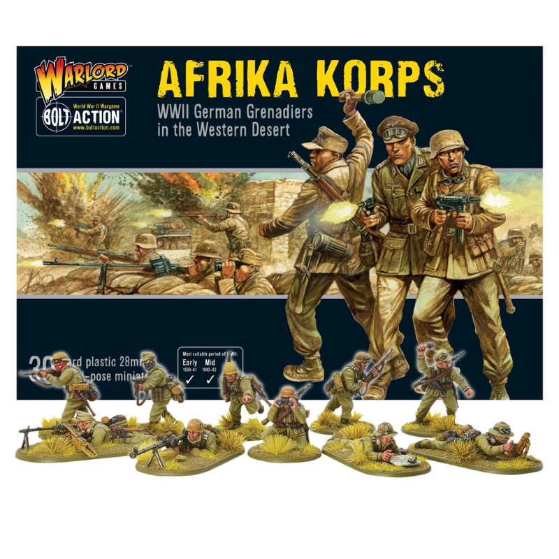 Afrika Korps Infantry - Bolt Action 28mm - kompletny pluton 30 figurek z MP40 MG34 na podstawkach pustynnych - widok z przodu - Warlord Games