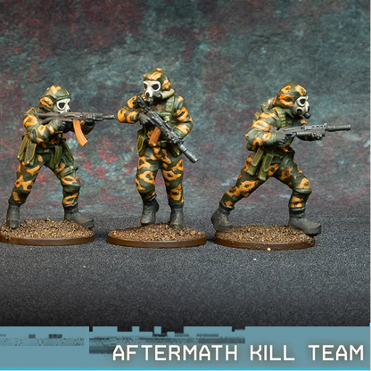 Aftermath Kill Team Spectre Miniatures – 3 żołnierzy w kamuflażu z maskami gazowymi i AK74, RPK12 i Saiga, 28mm widok z przodu
