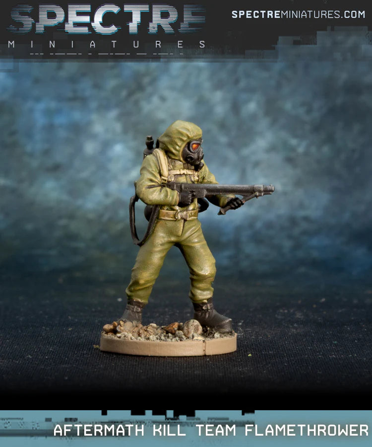 Aftermath Kill Team Flamethrower Spectre Miniatures – żołnierz w kombinezonie CBRN z miotaczem ognia LPO-50, 28mm widok z przodu
