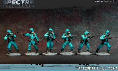 Aftermath Kill Team Spectre Miniatures – 6 żołnierzy w turkusowych kombinezonach CBRN z maskami gazowymi i AK74, 28mm widok z przodu
